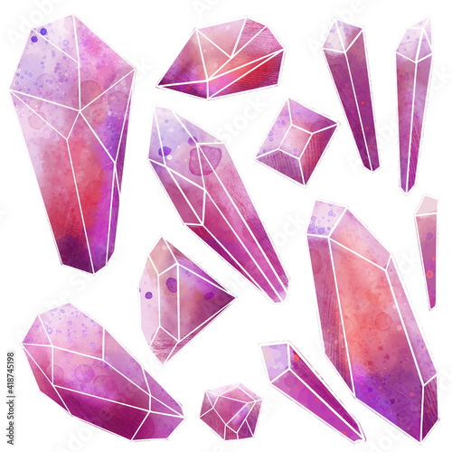 Watercolor gems set, pink crystals, wet texture