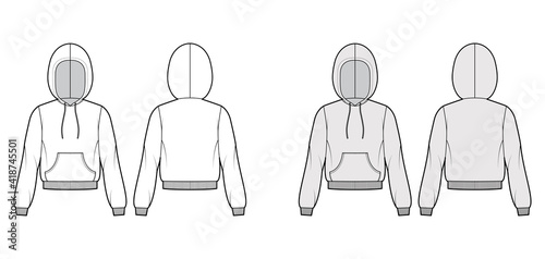 Hoody sweatshirt technical fashion illustration with long sleeves, relax body, kangaroo pouch, knit rib cuff, banded hem. Flat apparel template front, back, white, grey color. Women, men CAD mockup