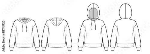 Set of Hoody sweatshirt technical fashion illustration with elbow sleeves, relax body, banded hem, drawstring. Flat apparel template front, back, white color style. Women, men, unisex CAD mockup