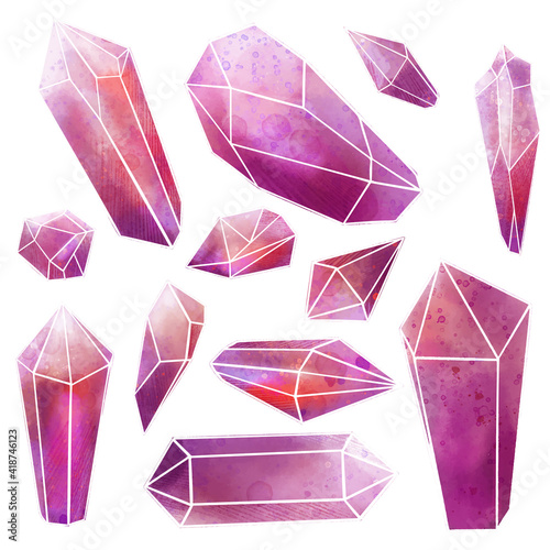 Watercolor gems set, pink crystals, wet texture