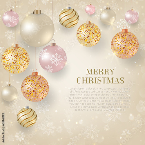Christmas background with light Christmas baubles. Elegant Christmas background with gold and white evening balls
