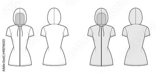 Zip-up Hoody dress technical fashion illustration with short sleeves, mini length, fitted body, Pencil fullness. Flat apparel template front, back, white, grey color. Women, men, unisex CAD mockup