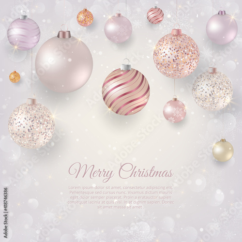 Christmas background with light Christmas baubles. Elegant Christmas background with rose and white evening balls