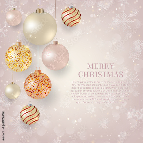 Christmas background with light Christmas baubles. Elegant Christmas background with gold and white evening balls
