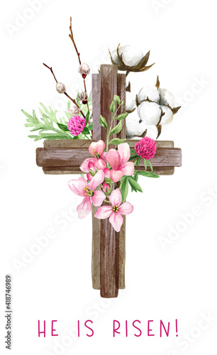 Easter christian cross with flowers, willow and cotton