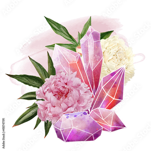 Crystal gems with flowers, full color decorative art