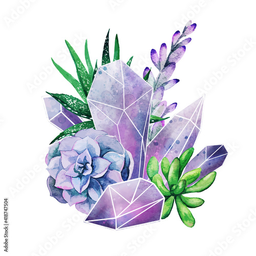 Crystal gems with succulents, full color decorative art
