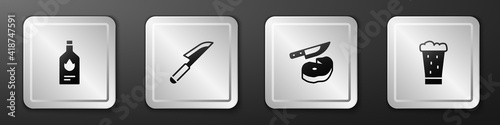 Set Tabasco sauce, Knife, Steak meat and knife and Glass of beer icon. Silver square button. Vector.