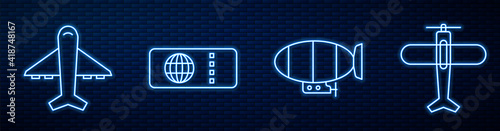 Set line Airship, Plane, Airline ticket and Plane. Glowing neon icon on brick wall. Vector.