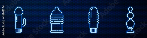 Set line Dildo vibrator, Dildo vibrator, Condom safe sex and Anal beads. Glowing neon icon on brick wall. Vector.
