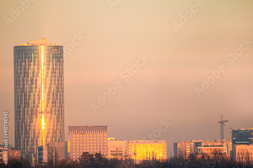 A view of business center Promenada in Bucharest, during sunset 