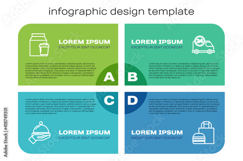 Set line Covered with a tray of food, Online ordering and delivery, burger and Fast by car. Business infographic template. Vector.