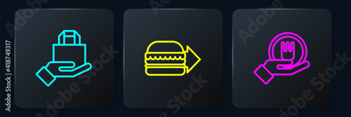 Set line Online ordering and delivery, and burger. Black square button. Vector.
