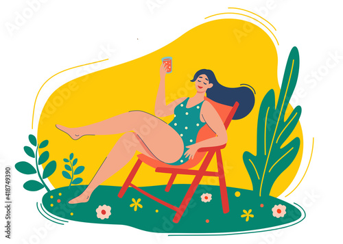 Young girl is resting on a chaise longue in nature. Vacation, holiday, rest, tourism, relaxation concept. Happy Weekends. Cartoon Female Character Vector illustration