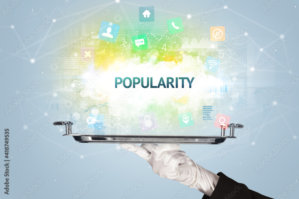 Waiter serving social networking concept with POPULARITY inscription