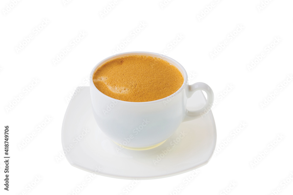 Close up view of brewed cup coffee isolated on white background. Food and drinks concept. Close up view of brewed cup coffee isolated on white background. Food and drinks concept.
