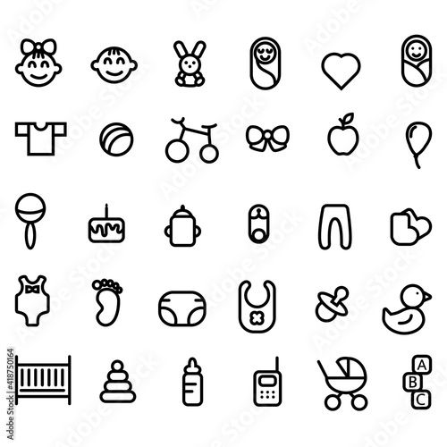 Set of outline icons for baby nursery. Vector stock illustration for card or poster