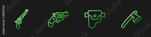 Set line Gun in holster, Revolver gun, Small revolver and Wooden axe. Gradient color icons. Vector.