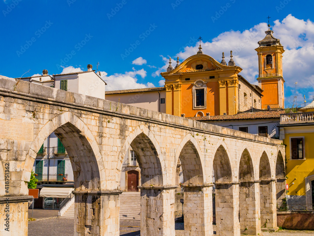 Impressive view of Sulmona historical center and its majestic roman aqueduct, Abruzzo region, central Italy