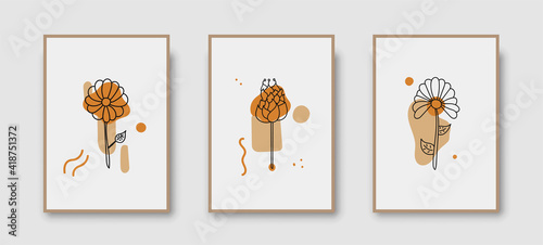 Botanical wall art abstract vector. Foliage line drawing. Neutral boho art print set. Minimal mid century wall art print for bedroom decor. Gallery decor poster, terracota colors. Vector illustration