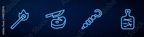 Set line Grilled shish kebab, Burning match with fire, Steak meat and knife and Cutting board. Glowing neon icon on brick wall. Vector.