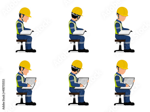 set of industrial worker is working with his document