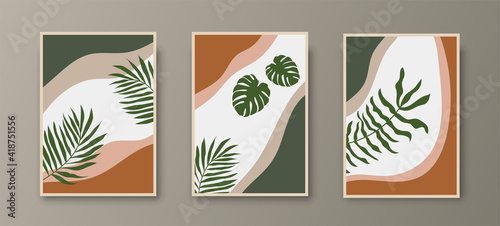 Botanical wall art abstract vector. Foliage line drawing. Neutral boho art print set. Minimal mid century wall art print for bedroom decor. Gallery decor poster, terracota colors. Vector illustration