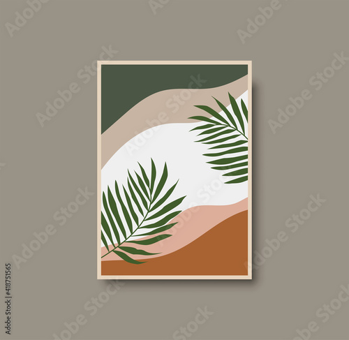 Botanical wall art abstract vector. Foliage line drawing. Neutral boho art print. Minimal mid century wall art print for bedroom decor. Gallery decor poster, terracota watercolor. Vector illustration