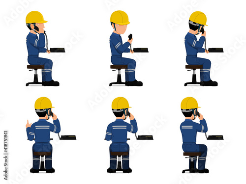 set of industrial worker is using telephone