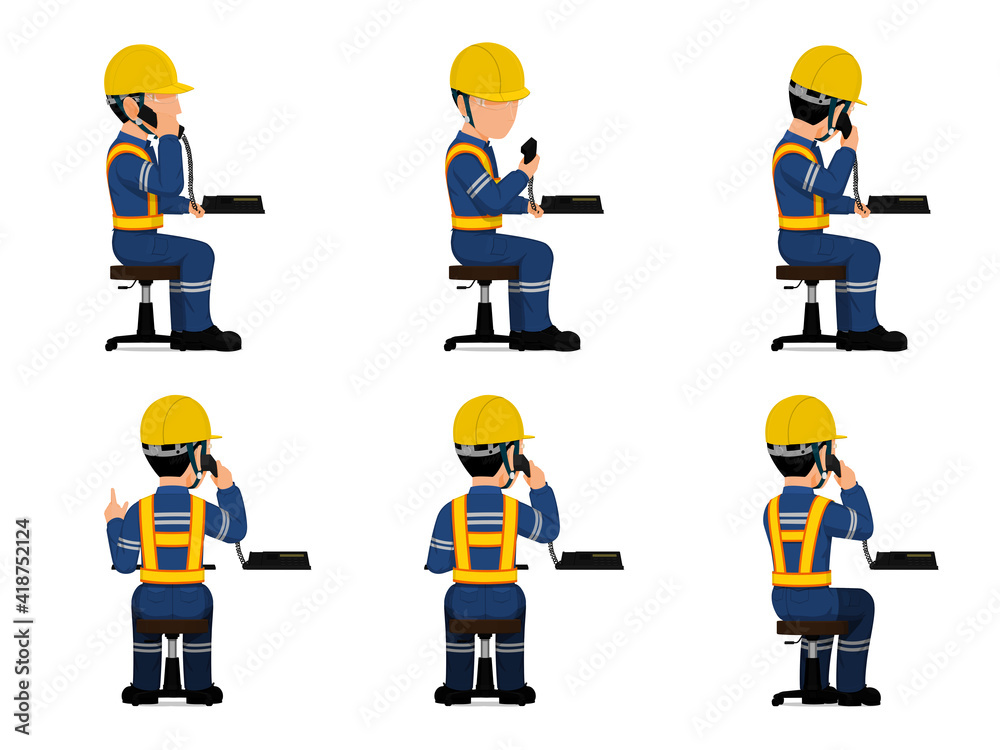 set of industrial worker is using telephone set of industrial worker is using telephone