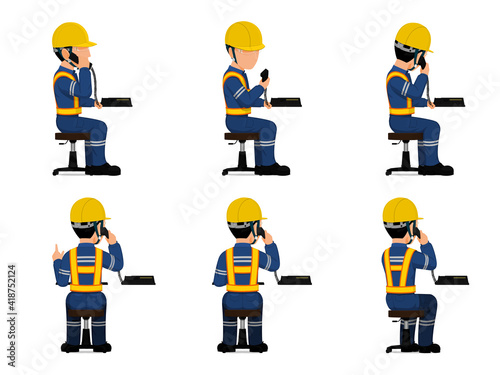set of industrial worker is using telephone