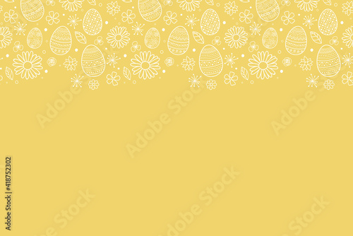 Easter background with cute with decorative eggs and flowers. Vector