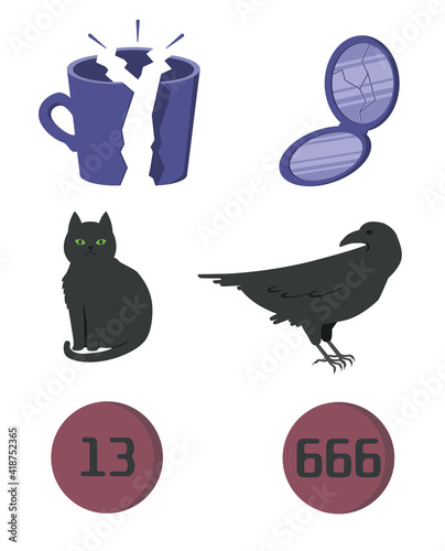 vector graphics set of bad luck symbols in flat style isolated on white background. Hand-drawn illustration of a black cat, black raven, broken mug, broken mirror, numbers 13 and 666.