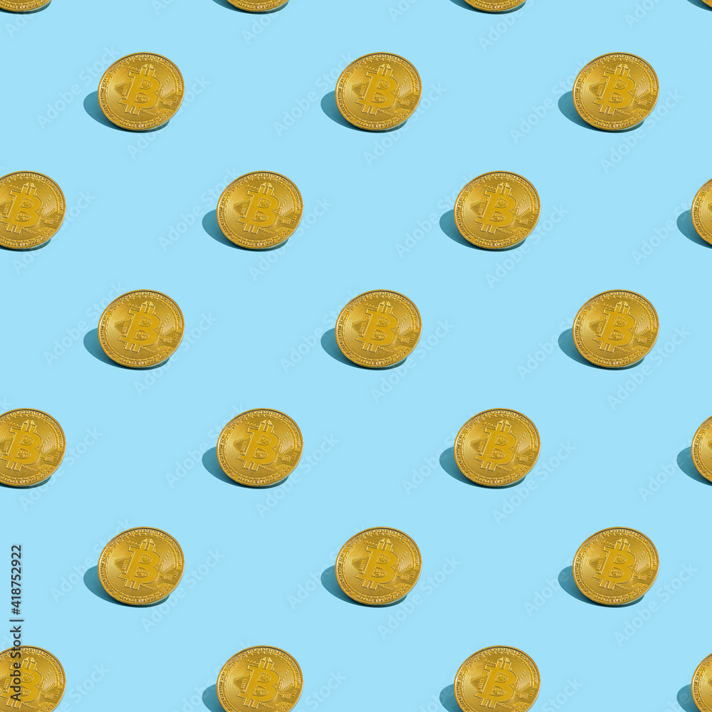 Golden bitcoin seamless pattern. Cryptocurrency Coins wit shadows repeat on blue background. - obrazy, fototapety, plakaty 