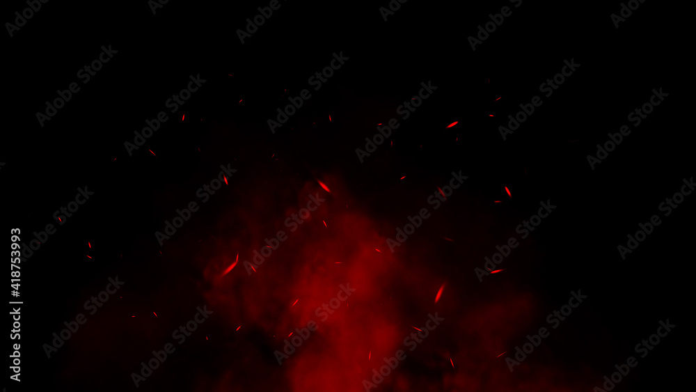 Obraz premium Perfect red fire particles embers sparks on isolated black background . Texture overlays. Explosion burn effect. Stock illustration.