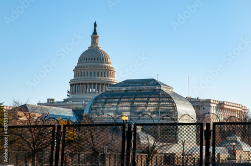 National Capitol Building and US Botanic Garden behind fences and razor wire, March 7th, 2021 photo