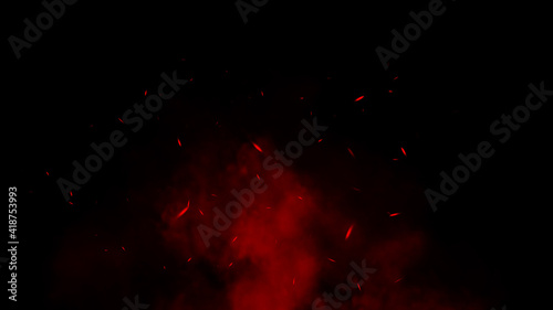 Perfect red fire particles embers sparks on isolated black background . Texture overlays. Explosion burn effect. Stock illustration.