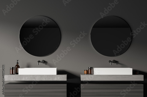 Front view close up of modern bathroom interior with two sinks and mirrors in eco minimalist style. No people. 3D Rendering.