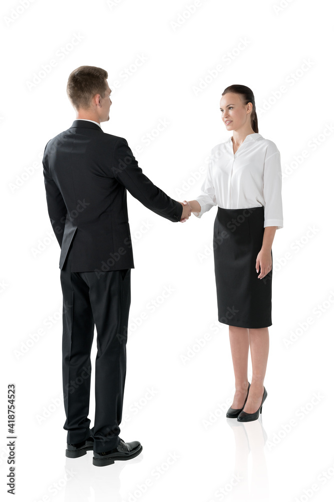 Businessman and businesswoman handshake, isolated over white background Businessman and businesswoman handshake, isolated over white background