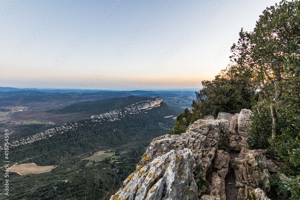 View of the mountain of Hortus the summit of Pic Saint-Loup at sunrise (Occitanie, France)