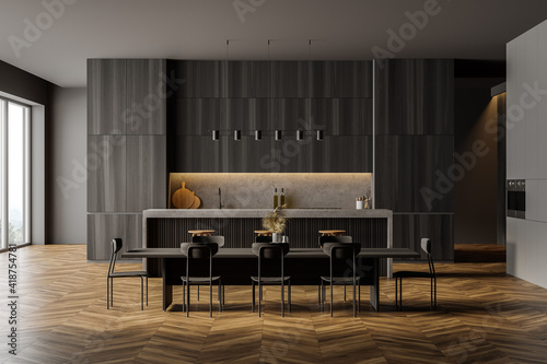 Kitchen with wooden minimalist furniture and window