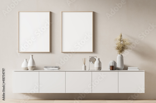 Two mock up posters frame on wall in modern interior background, living room. Books on cabinet. Scandinavian style. 3D rendering.