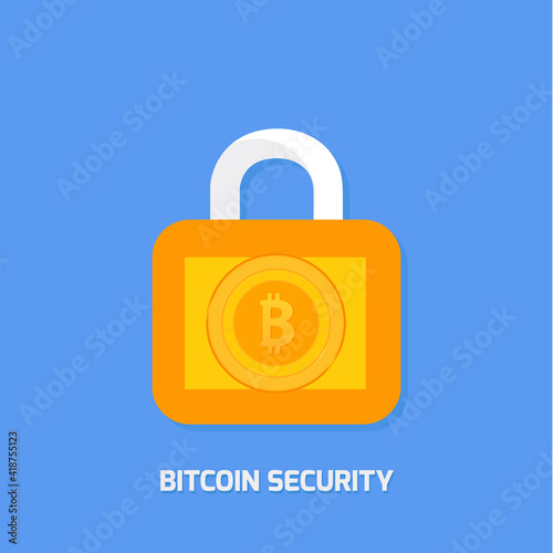 Locked bitcoin coin. Bitcoin security vector design concept. cryptocurrency vector illustration. Bitcoin security, safety, saving, protection concept. Bit coin cryptocurrency, blockchain.