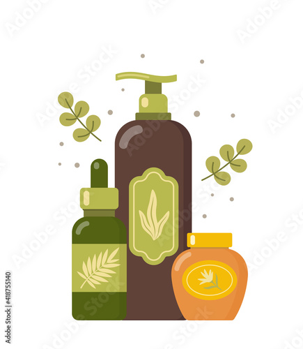 Natural cosmetic from organic plants. Couple of green leaves and bottles. Spa bio creme bottle. Stylish concept for vegan organic cosmetics in flat design. Vector illustration.