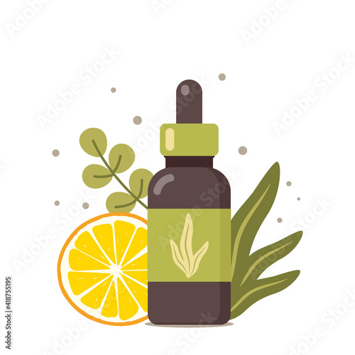 Natural cosmetic from organic plants. Tropical leaves and orange slice. Dermatological treatment. Organic, aromatherapy, essential oil. Herbal beauty product. Vector illustration.