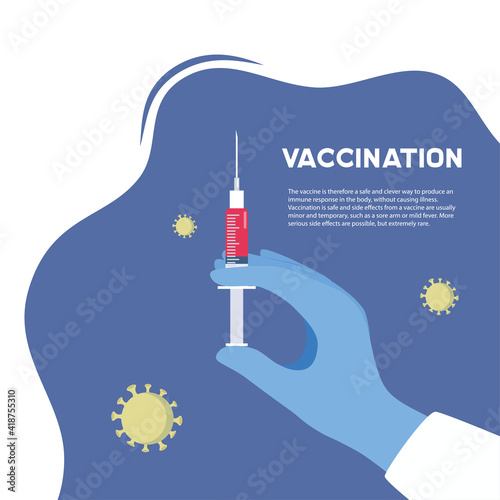 Vaccination concept. Doctors hand with a syringe and place for text. Usable for web banner, articles, infographics. Flat vector illustration.