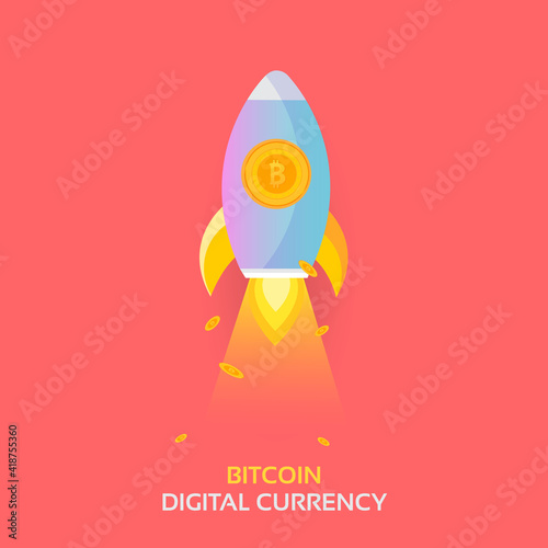 Bitcoin Rocket Ship Launching. Cryptocurrency Blockchain Crypto Vector