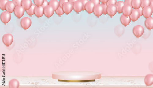 Podium Display with Pink balloons on Blue and Pink pastel Sky background,Vector Realistic 3D of Gold Cylinder Stand platform on foil Marble,Minimal illustration showcase for Product presentation
