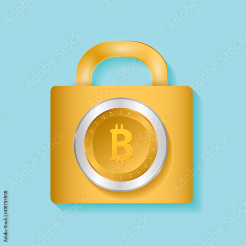 Locked bitcoin coin. Bitcoin security vector design concept. cryptocurrency vector illustration. Bitcoin security, safety, saving, protection concept. Bit coin cryptocurrency, blockchain.