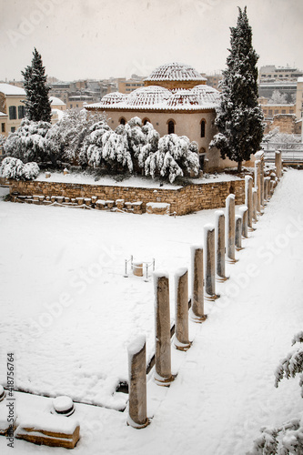 Snow in Athens  - Roman market and Fethiye Mosque